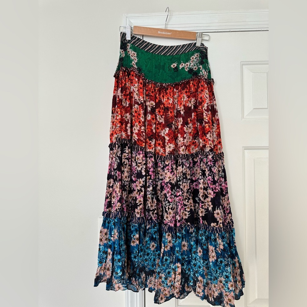 Anthropologie Floral Tiered Maxi Skirt in Green, Red, Pink, Blue